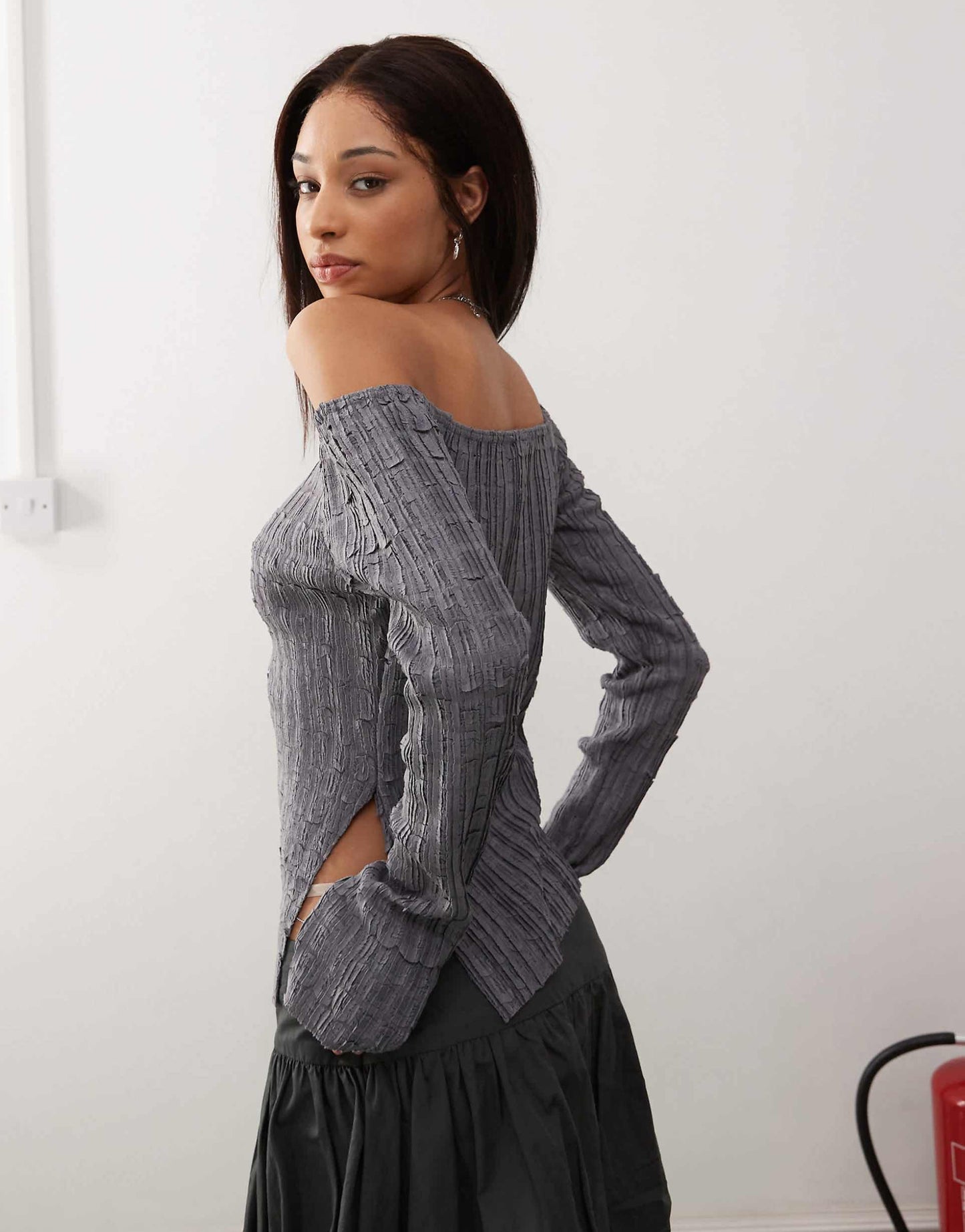 Off Shoulder Textured Long Sleeve Top