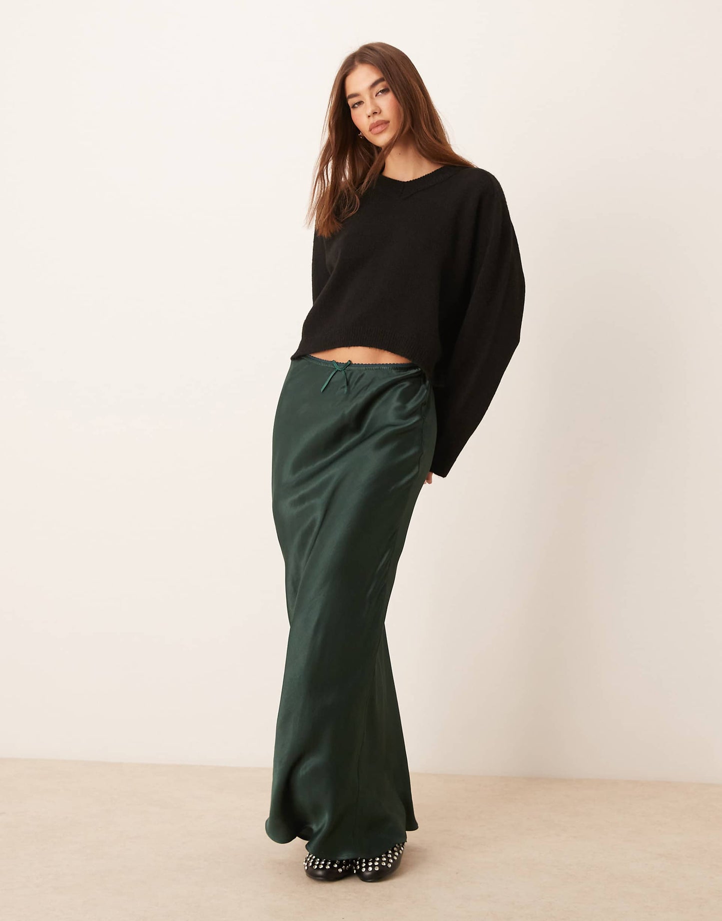 Satin Bias Bow Detail Maxi Skirt