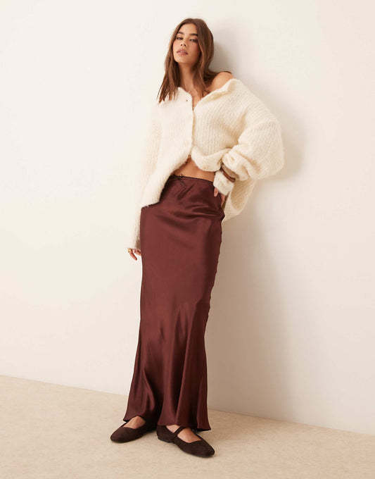 Satin Bias Bow Detail Maxi Skirt