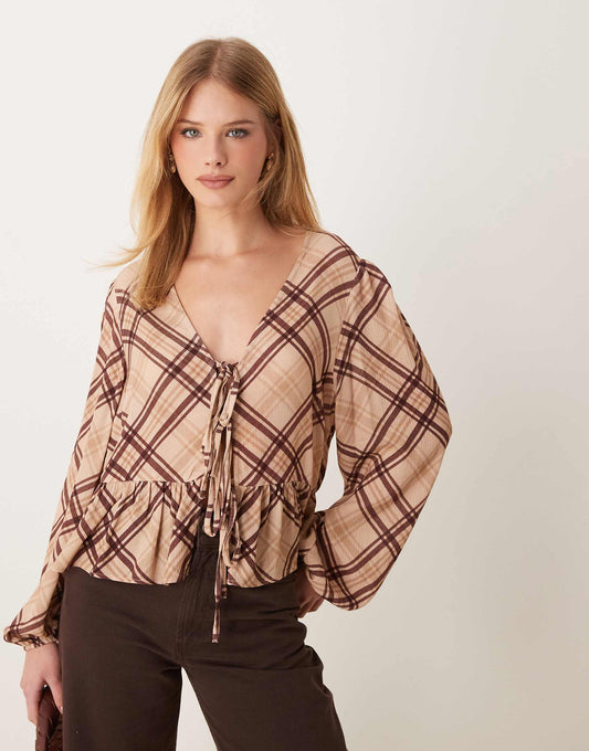 Check Tie Front Long Sleeve Top
