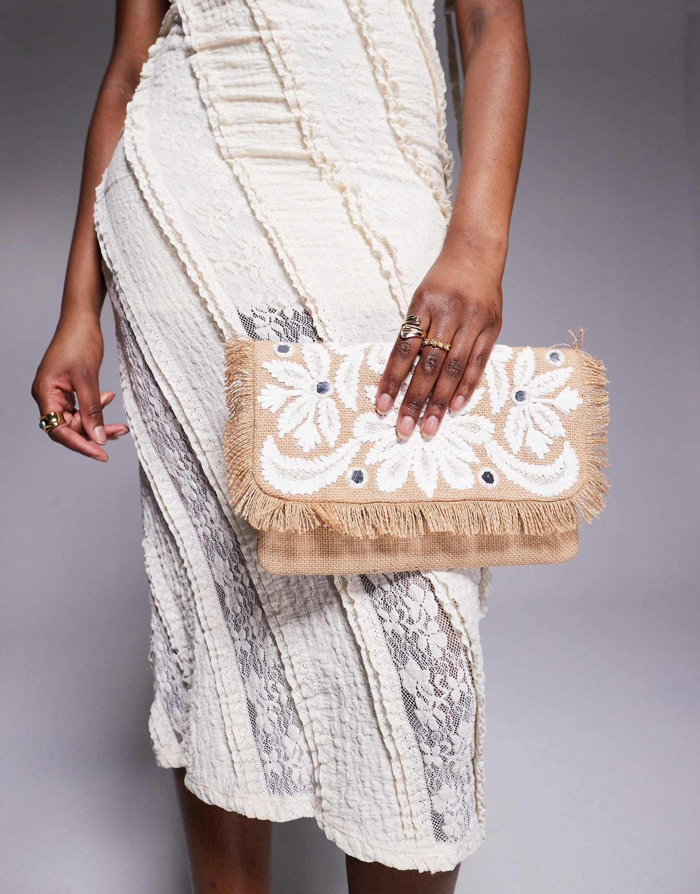 Fringe And Flower Straw Envelope Clutch Bag