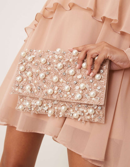 All Over Pearl And Sequin Embellished Envelope Clutch Bag