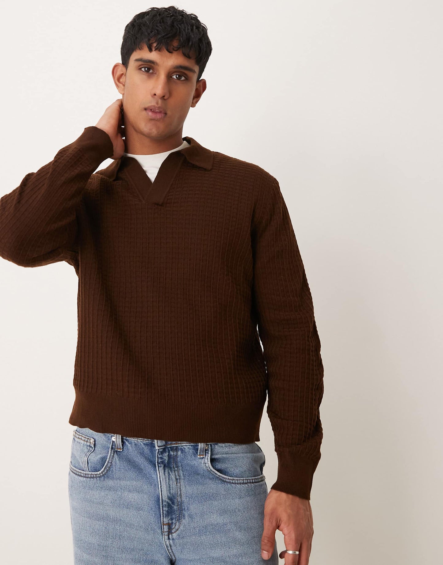 Relaxed Boxy Fit Knitted Waffle Texture Notch Neck Jumper