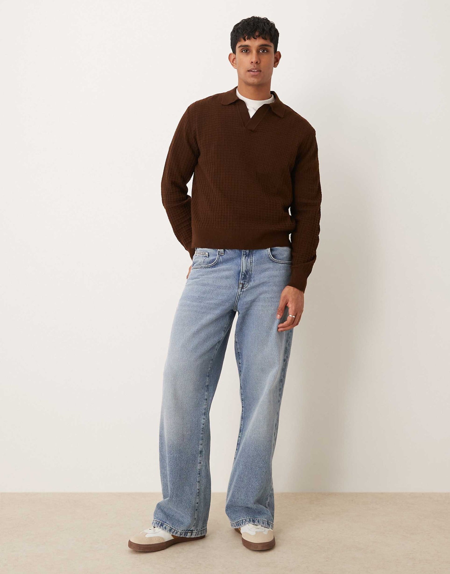 Relaxed Boxy Fit Knitted Waffle Texture Notch Neck Jumper
