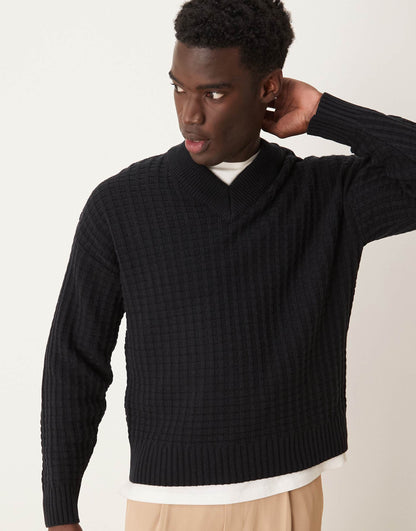 Relaxed Boxy Fit Waffle Knitted V Neck Jumper