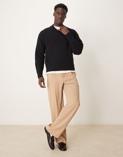 Relaxed Boxy Fit Waffle Knitted V Neck Jumper