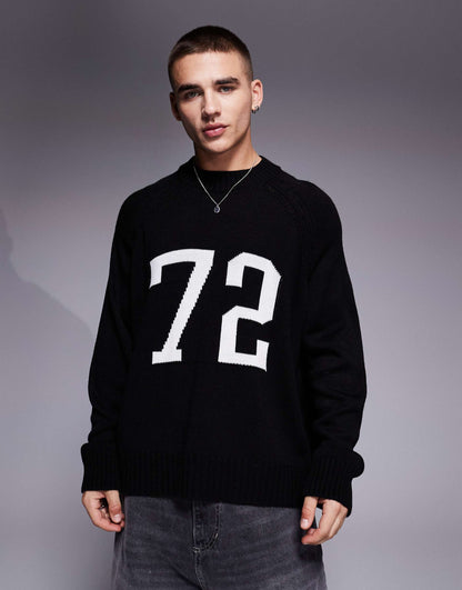 Super Oversized Boxy Fit Knitted Crew Neck Jumper With 90'S Number Pattern