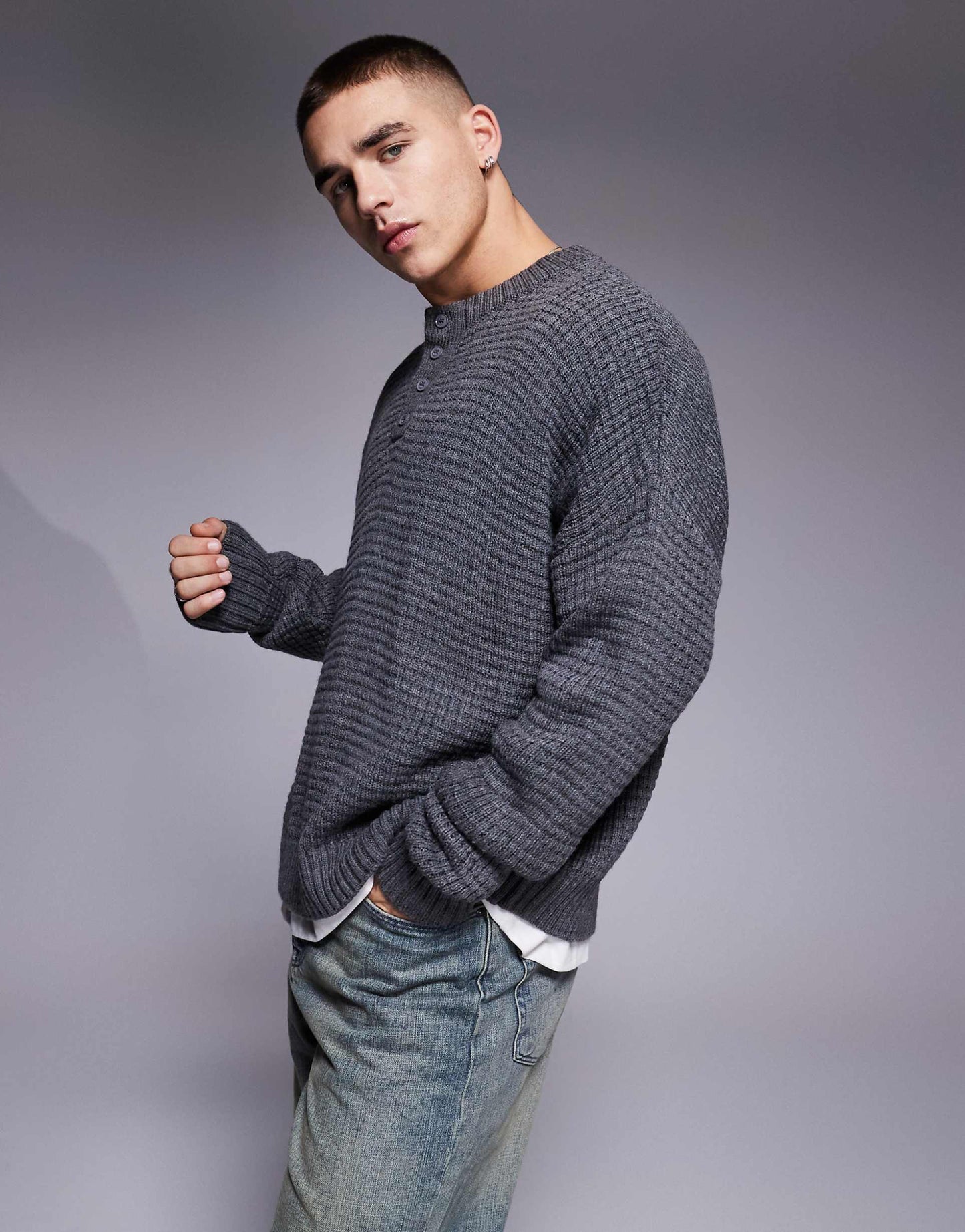 Oversized Boxy Fit Knitted Henley Neck Jumper With Waffle Texture