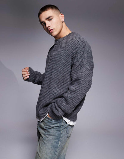 Oversized Boxy Fit Knitted Henley Neck Jumper With Waffle Texture