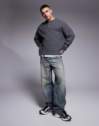 Oversized Boxy Fit Knitted Henley Neck Jumper With Waffle Texture