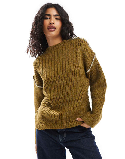Crew Neck Jumper With Blanket Stitch Contrast