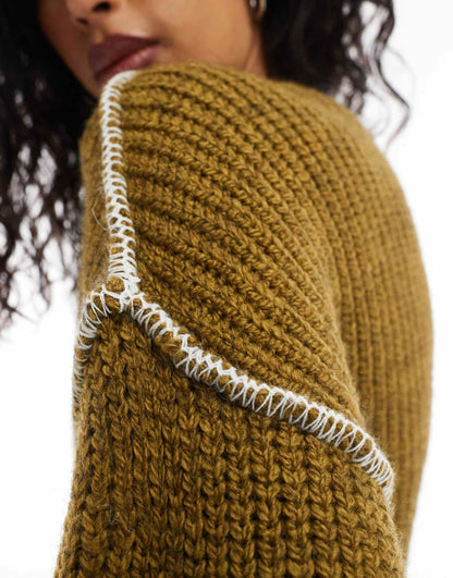 Crew Neck Jumper With Blanket Stitch Contrast