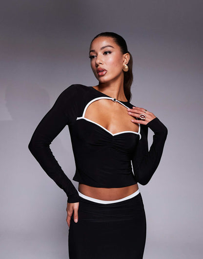 Co-Ord Long Sleeve Slinky Contrast Trim Cut Out Top