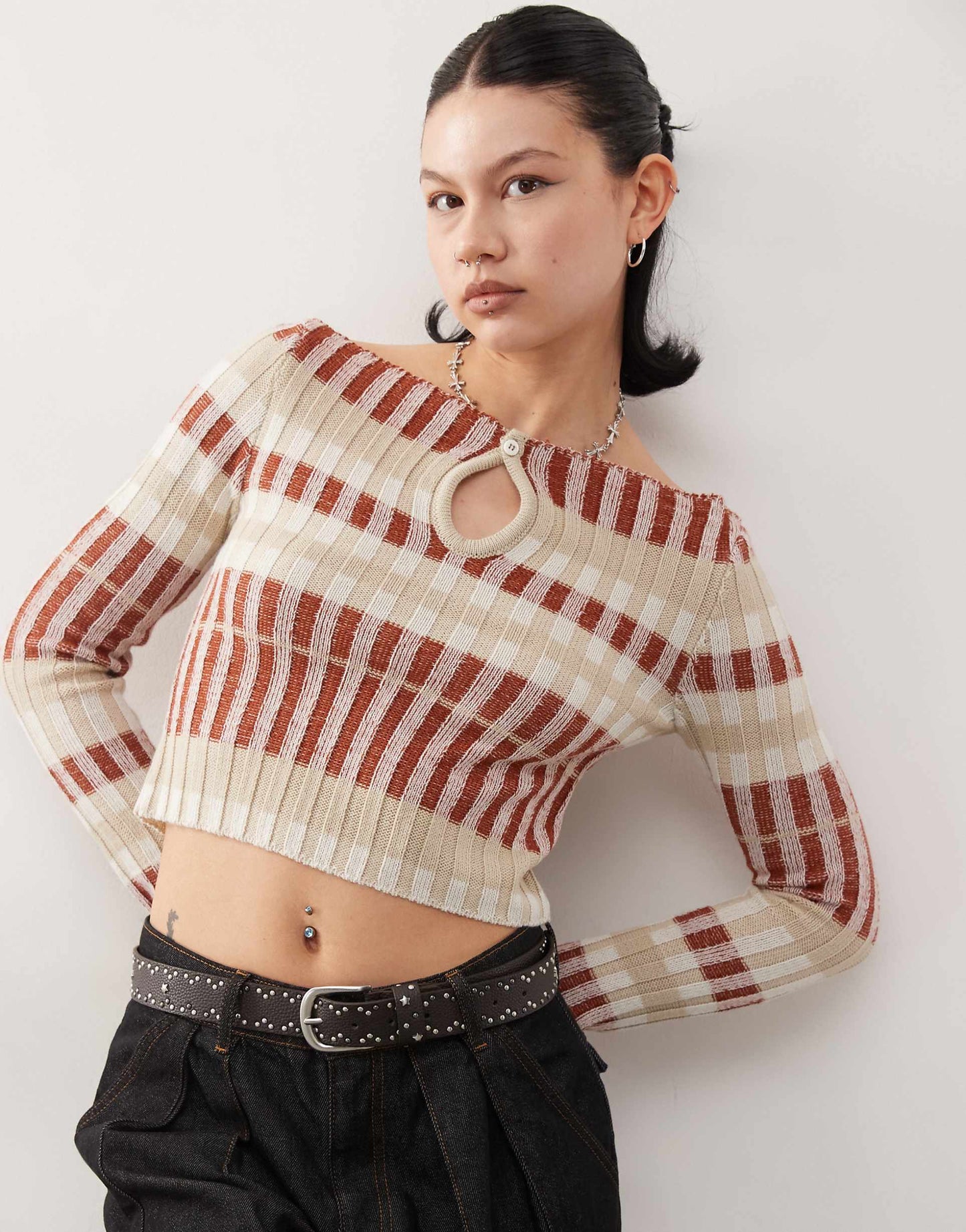 Plated Key Hole Striped Knitted Top