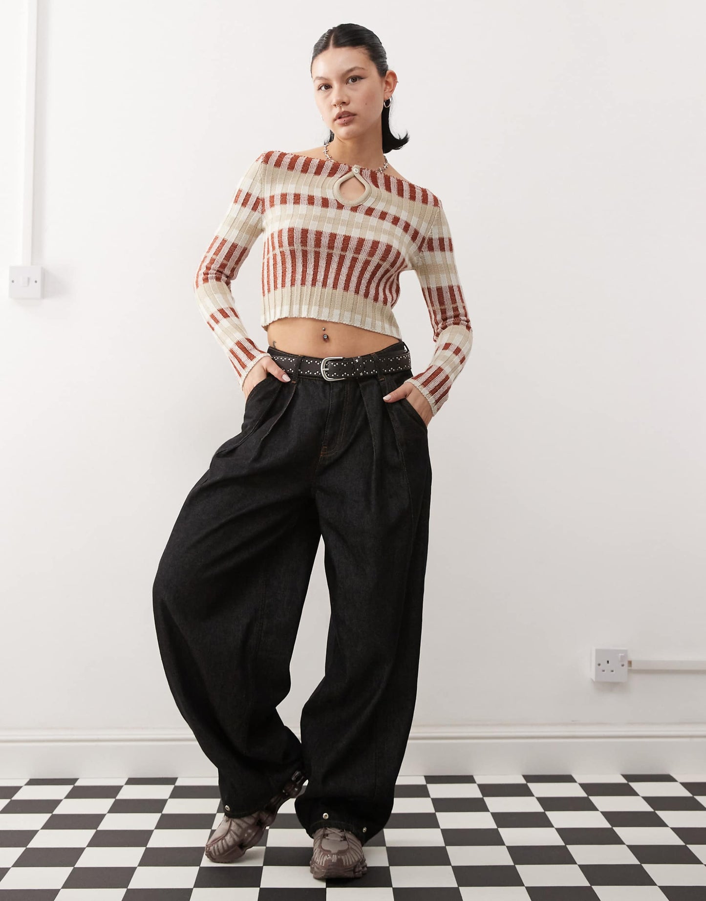 Plated Key Hole Striped Knitted Top