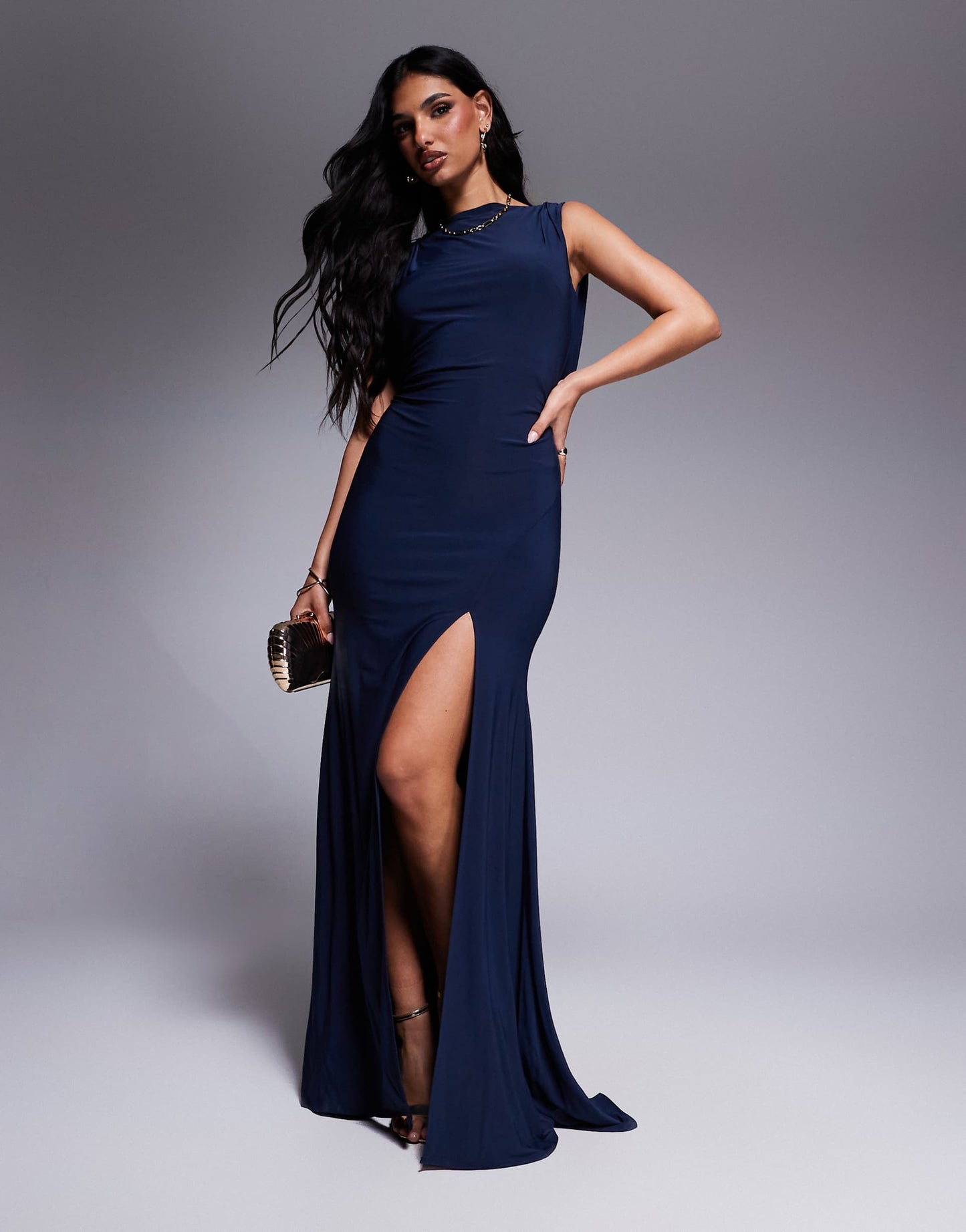 Premium Slash Neck Maxi Dress With Dramatic Drape Back And Train