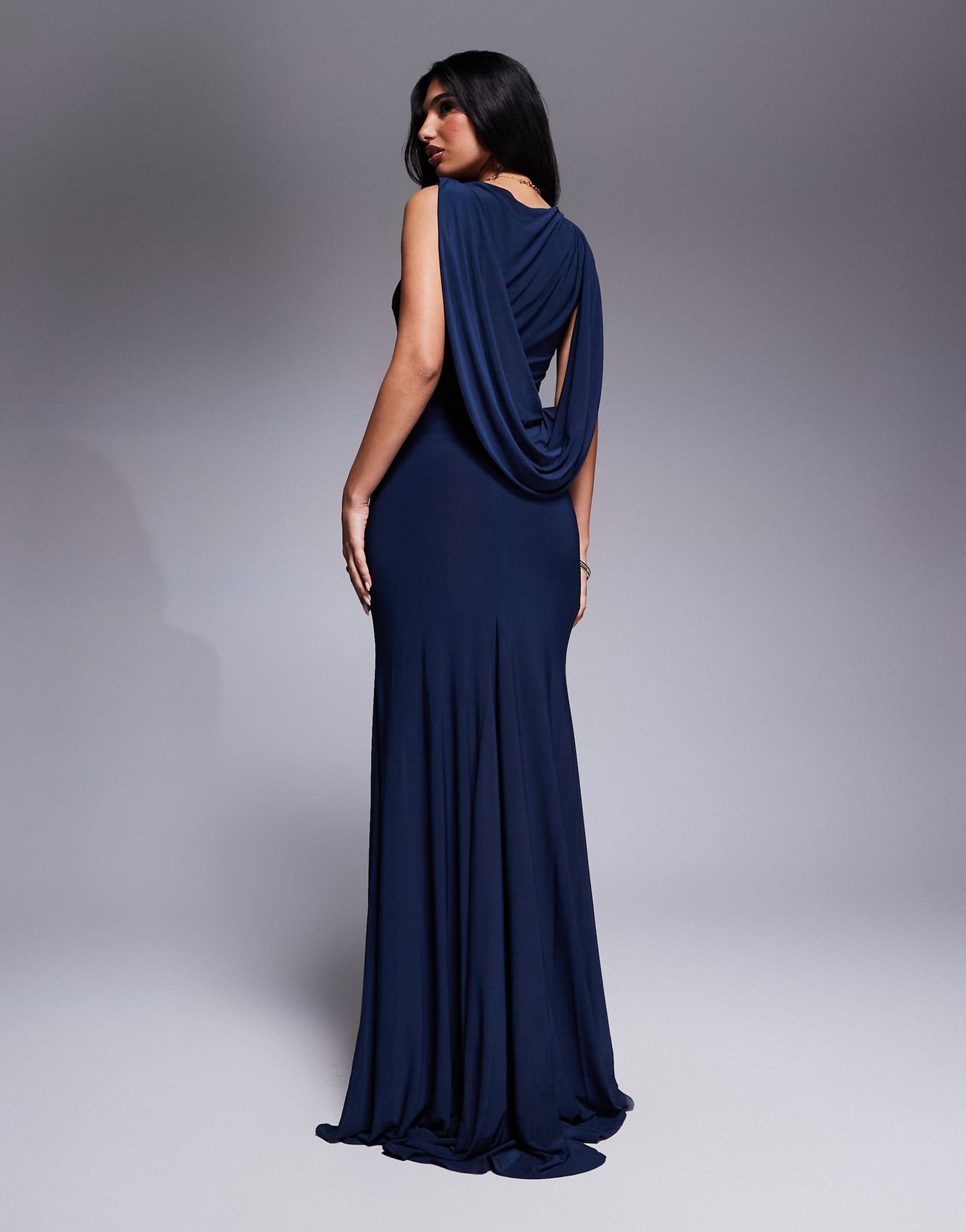 Premium Slash Neck Maxi Dress With Dramatic Drape Back And Train