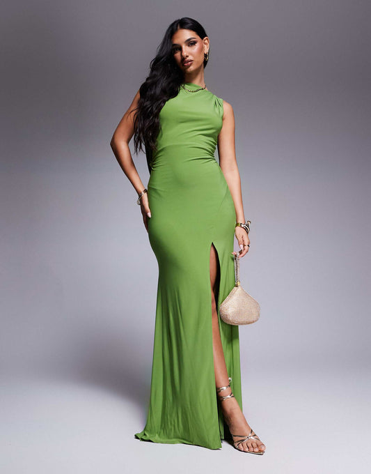 Premium Slash Neck Maxi Dress With Dramatic Drape Back