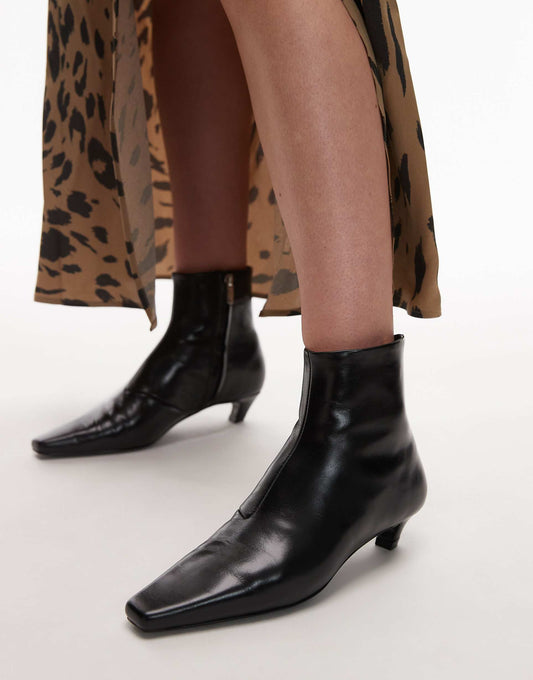 Leather Square Toe Kitten Heel