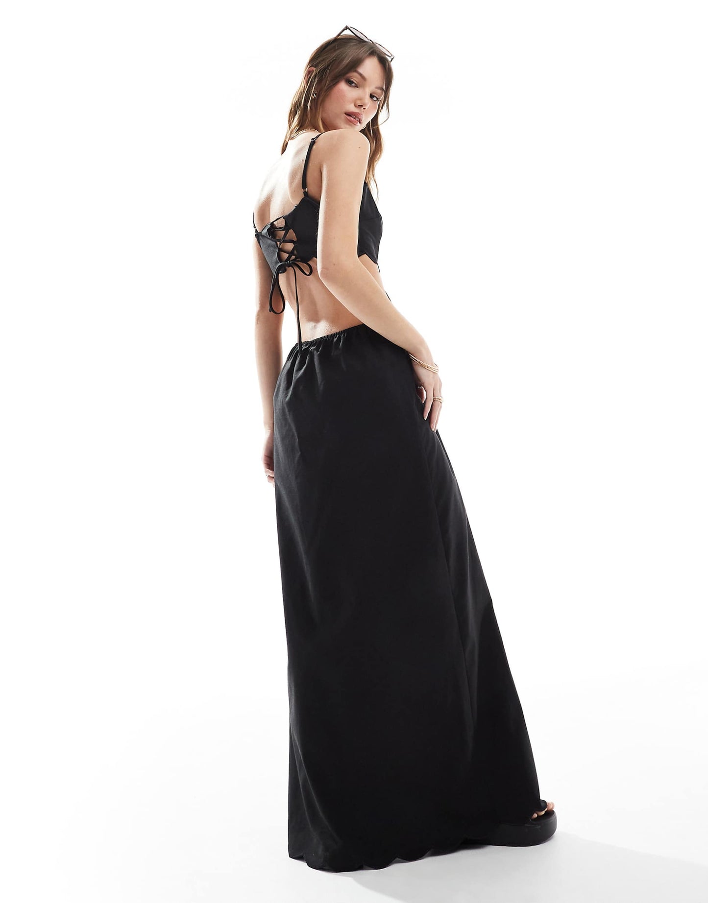 Exclusive Scallop Edge Lace Up Open Back Maxi Dress