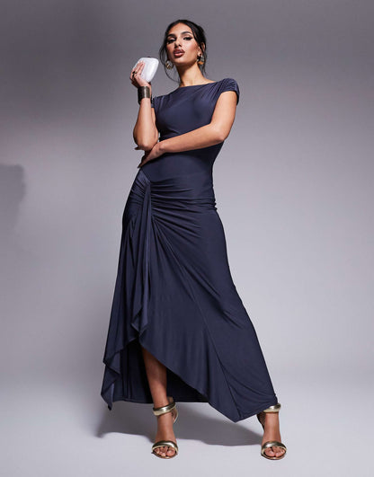 Slinky Cap Sleeve Side Split Drape Detail Maxi Dress