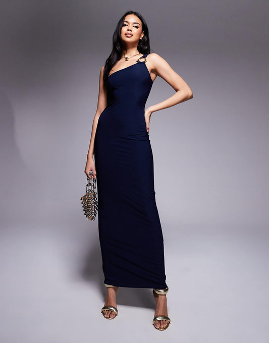 Slinky One Shoulder Metal Ring Detail Maxi Dress