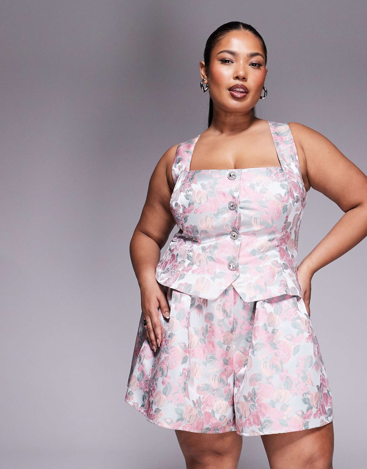 Curve Jacquard Playsuit With Embellished Buttons