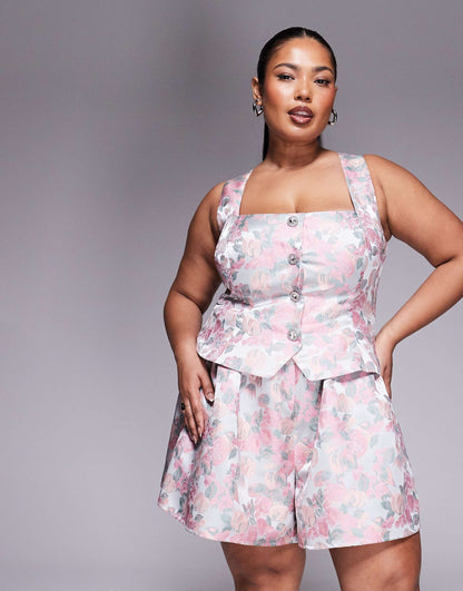 Curve Jacquard Playsuit With Embellished Buttons