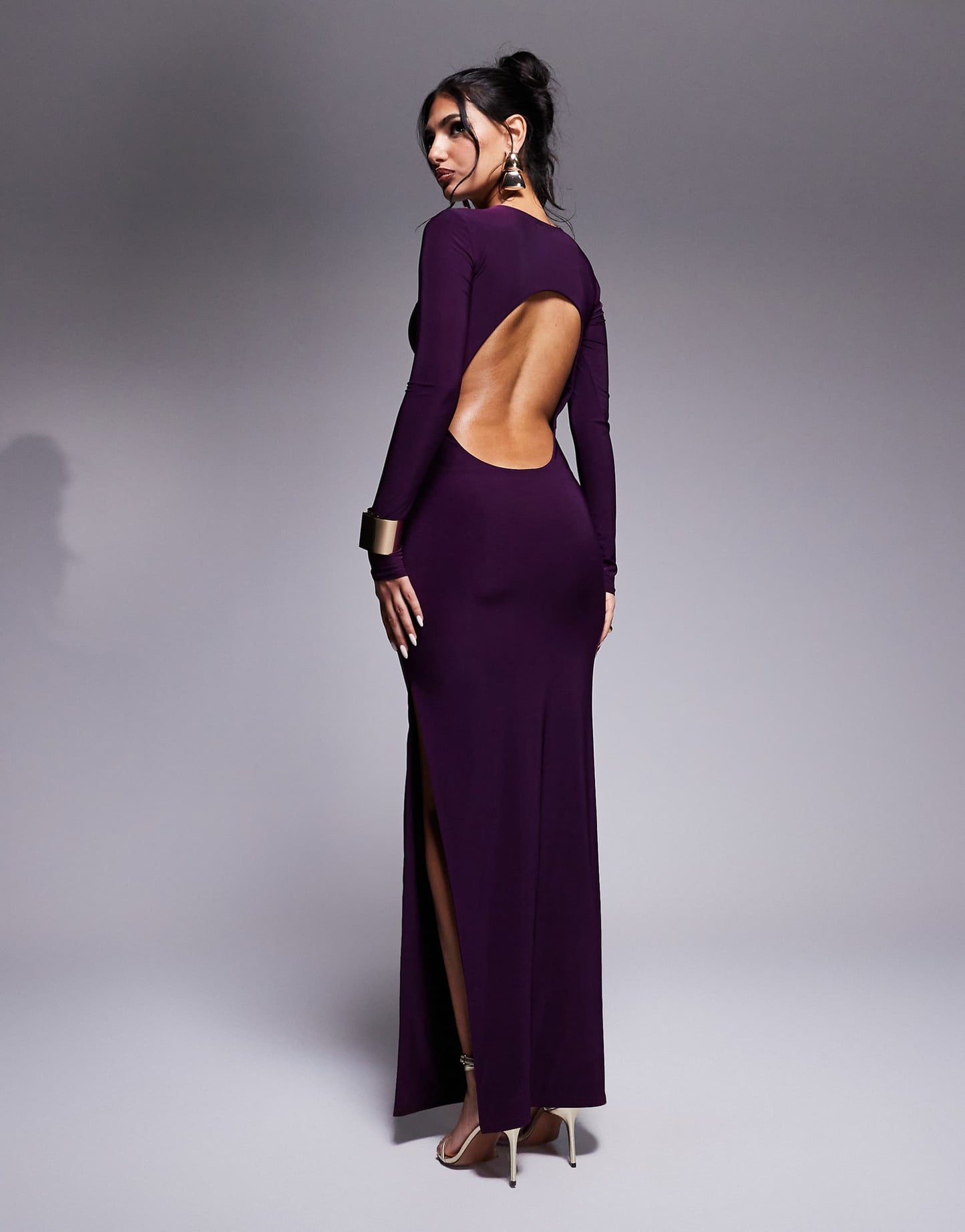 Slinky Long Sleeve Open Back Side Split Maxi Dress