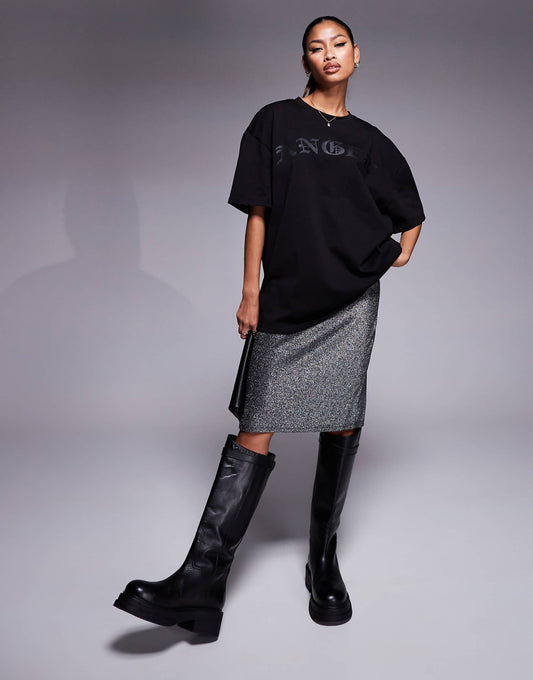 2 in 1 T-Shirt Dress With Rhinestone Midi Skirt