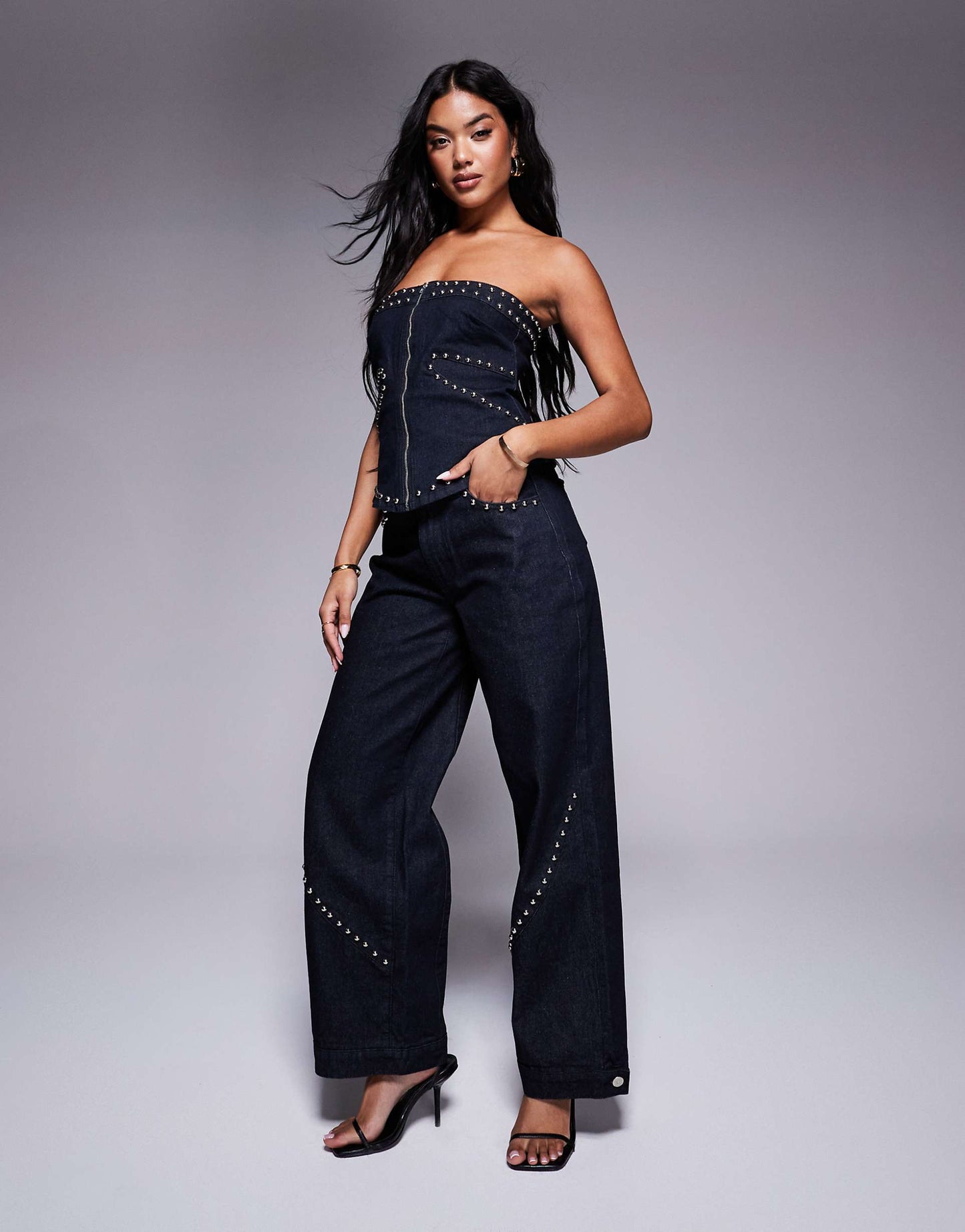 Studded Detail Denim Bandeau Co-Ord