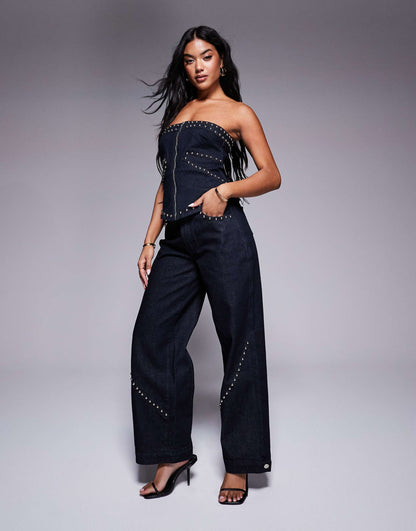 Studded Detail Denim Bandeau Co-Ord