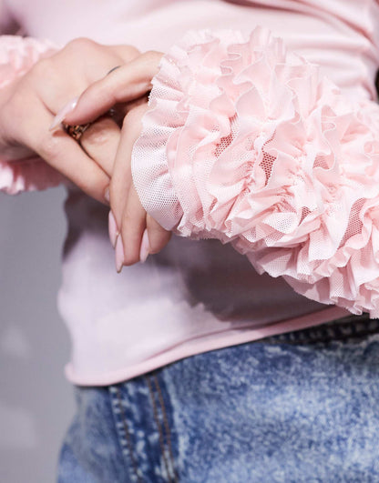 Helena Mesh Top With Ruffle Sleeve Detail