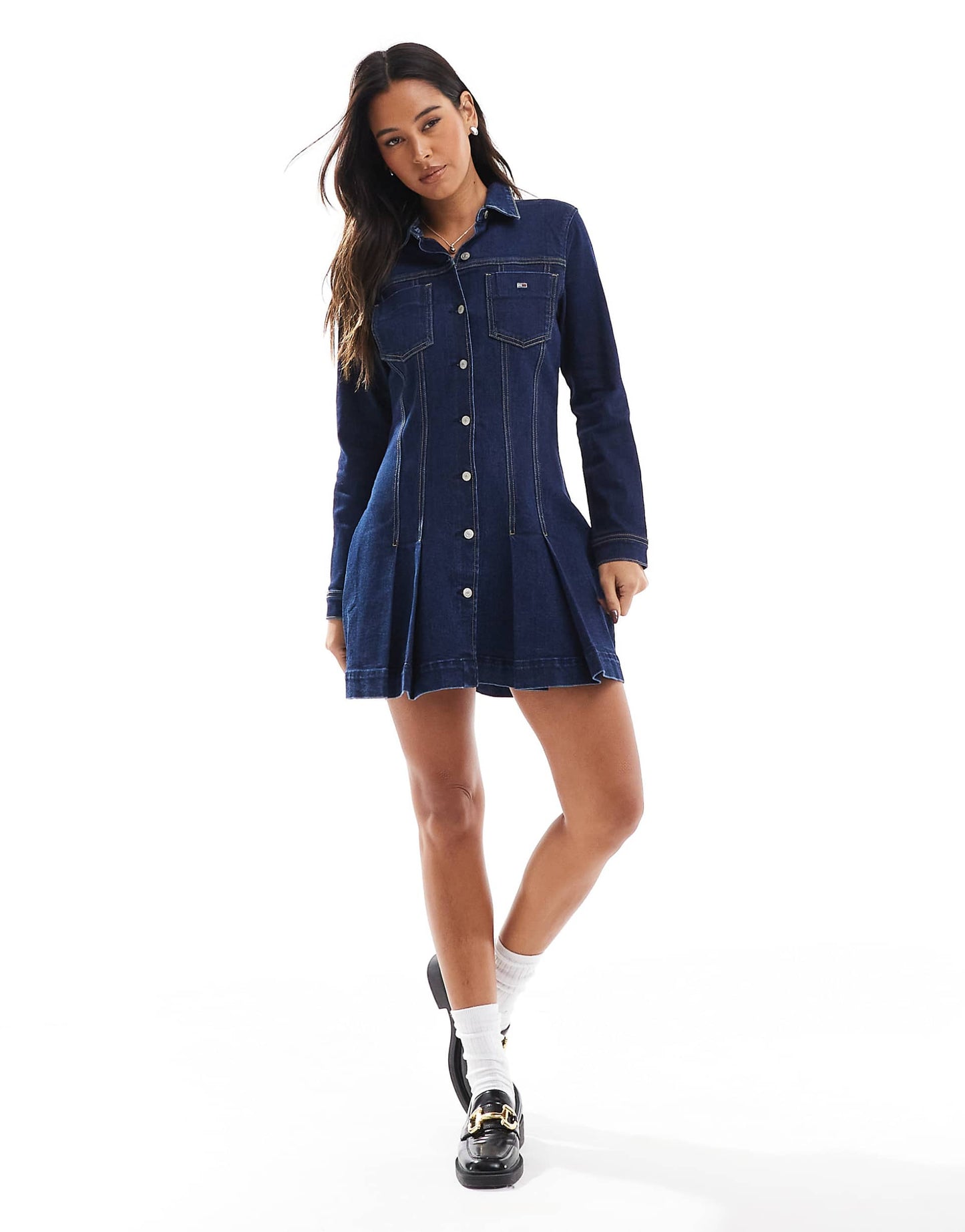 Pleated Denim Mini Shirt Dress