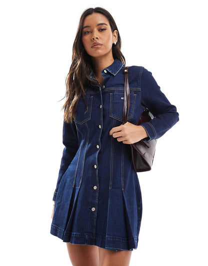 Pleated Denim Mini Shirt Dress