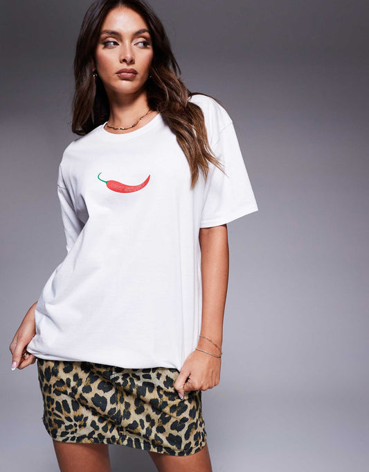 'Hot Stuff' Chilli Motif Oversized T-Shirt