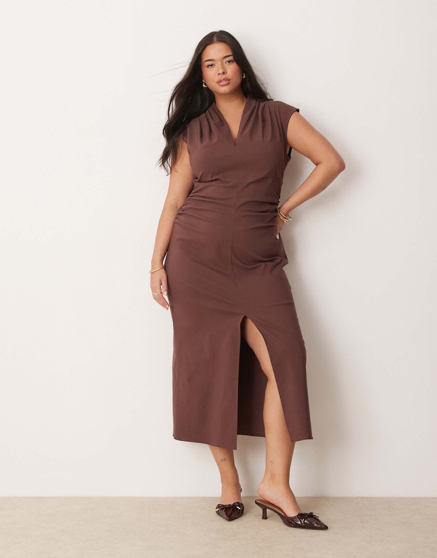 Curve V Neck Pleated Shoulder Ruched Waist Bengaline Midi Dress