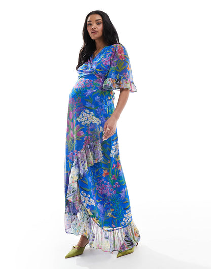 Maternity Frill Sleeve Maxi Wrap Dress With Tie Waist