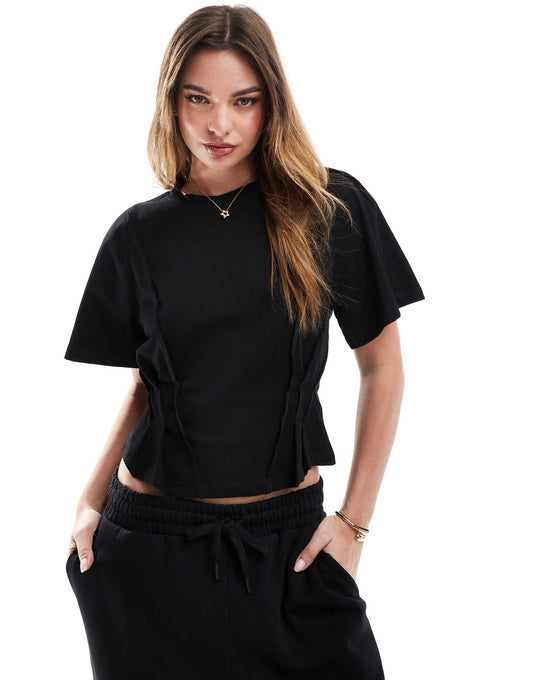 Seam Detail Short Sleeve Corset Waist T-Shirt