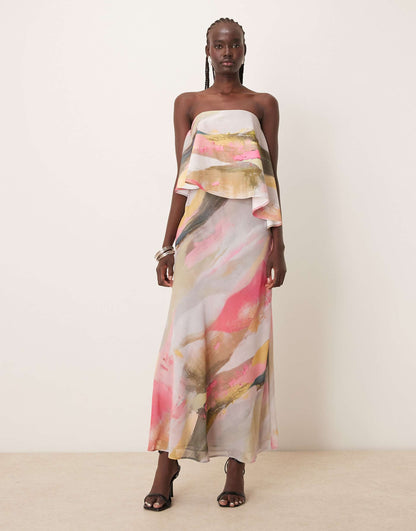 Bandeau Asymmetric Contrast Fabric Bias Maxi Dress