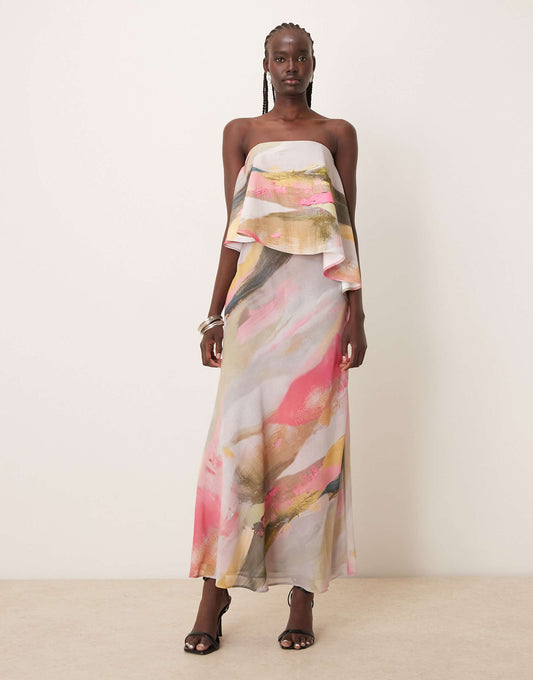 Bandeau Asymmetric Contrast Fabric Bias Maxi Dress