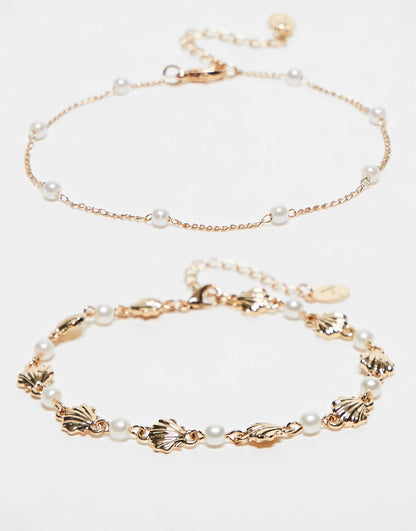 Shell  & Pearl 2 Pack Anklets