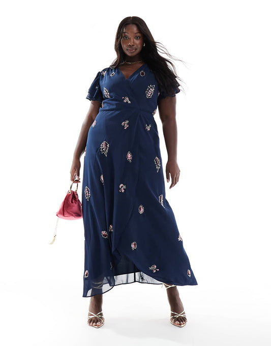 Plus Embellished Frill Sleeve Maxi Wrap Dress With Tie Waist