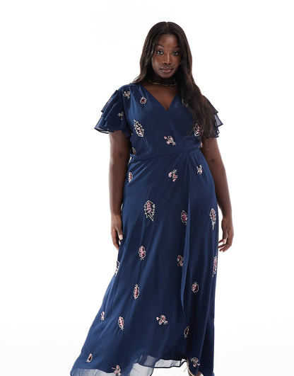 Plus Embellished Frill Sleeve Maxi Wrap Dress With Tie Waist