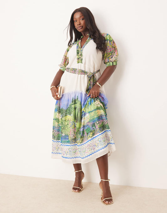Plus Button Front Midi Dress With Tiered Skirt And Tie Waist