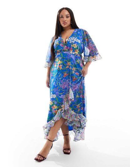 Plus Frill Sleeve Maxi Wrap Dress With Tie Waist