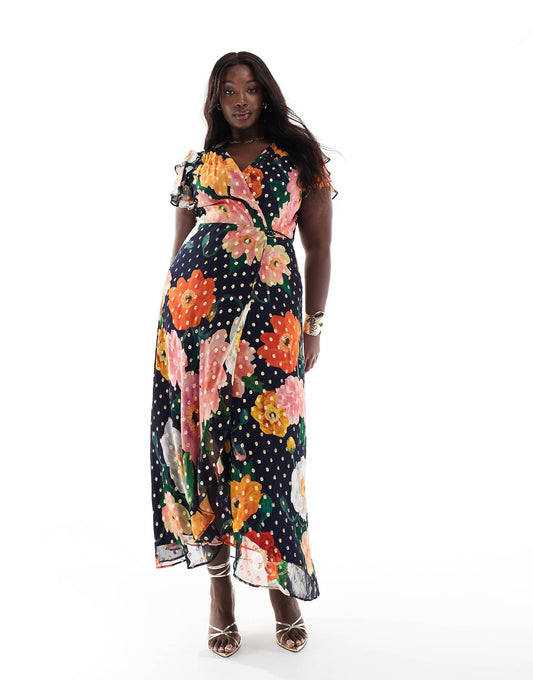 Plus Frill Sleeve Midaxi Wrap Dress With Tie Waist