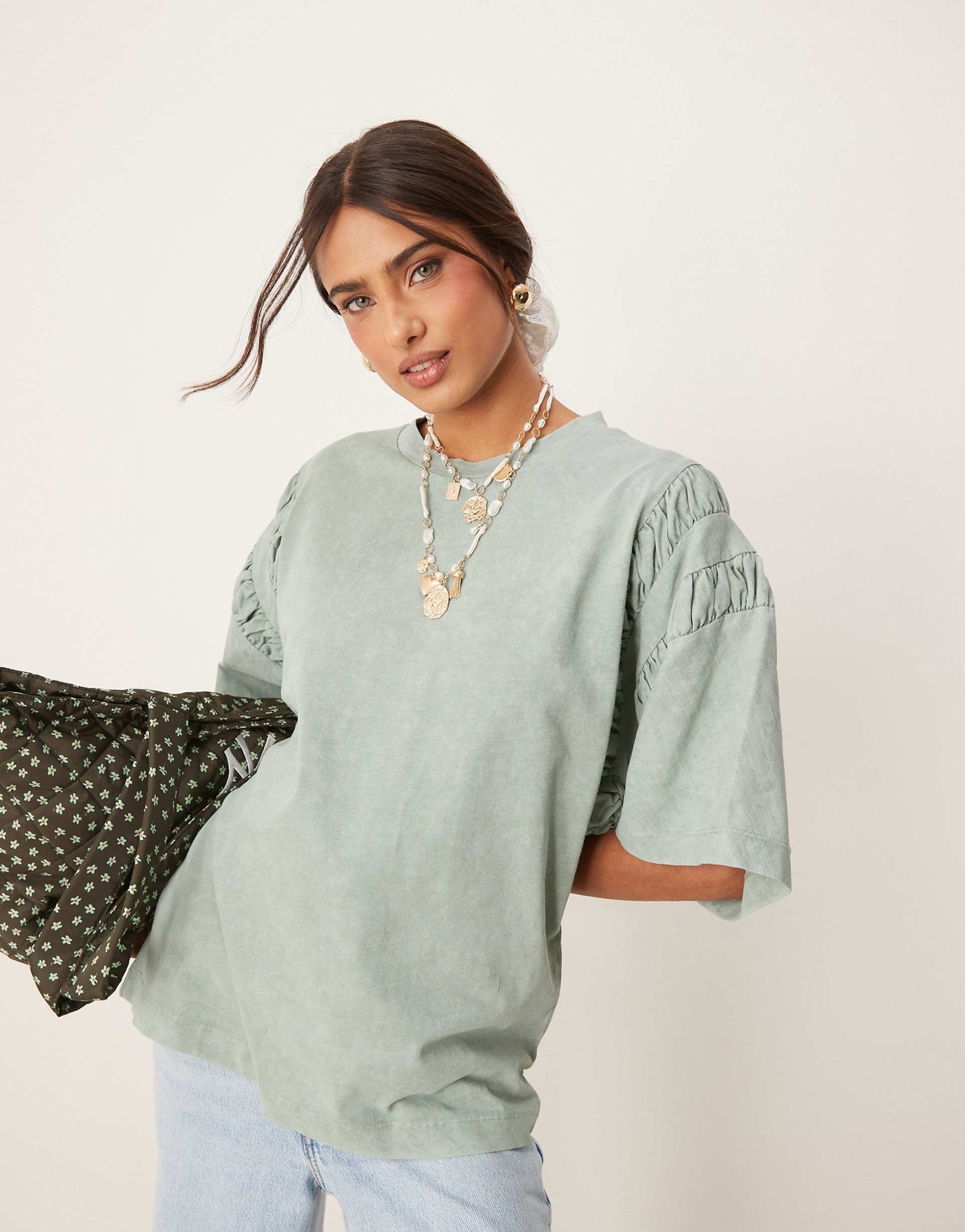 Oversized T-Shirt With Ruched Sleeve Detail