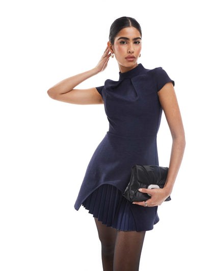 Pleated Cap Sleeve Mini Dress