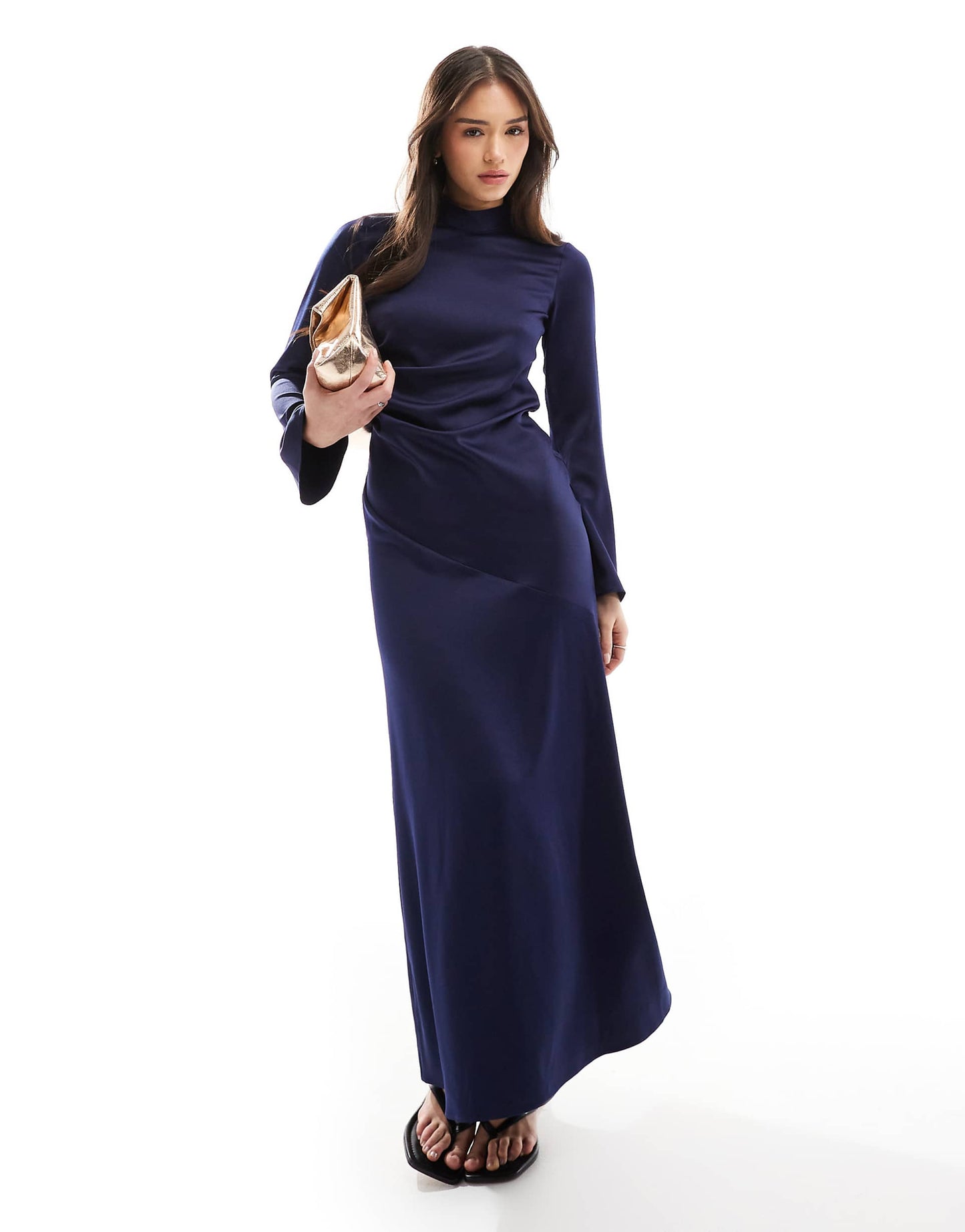 Long Sleeve Satin Drape Maxi Dress